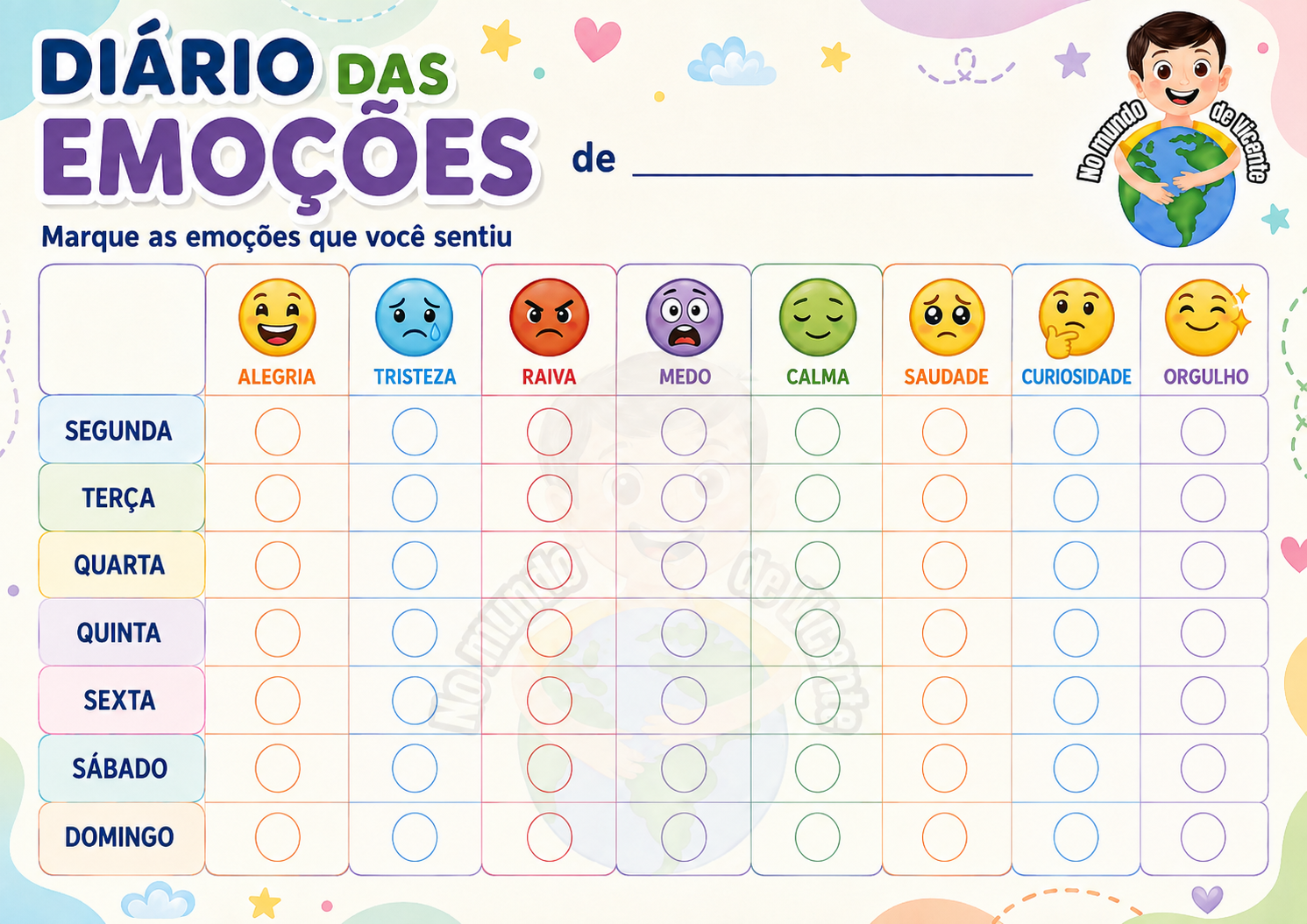 Diário das Emoções ilustrado com balões e áreas para a criança desenhar e expressar seus sentimentos